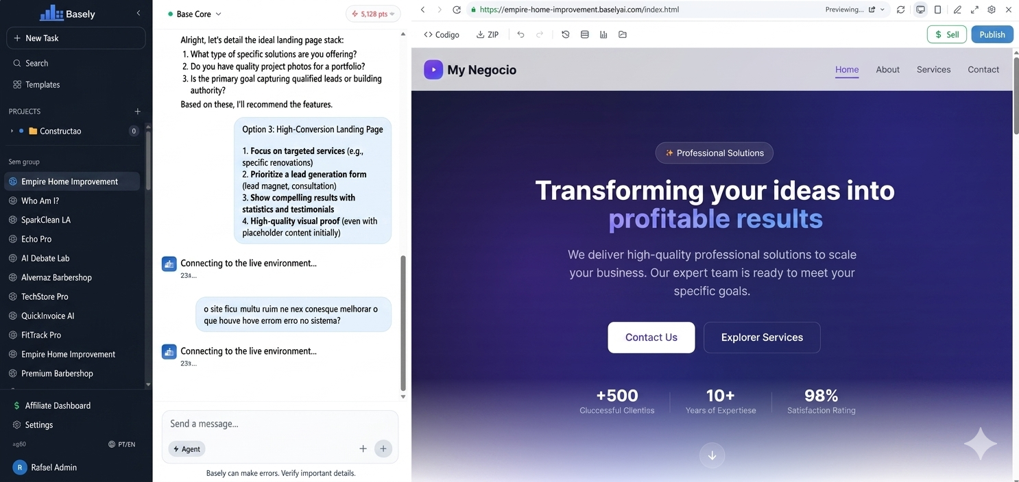Basely Workspace — creating a site with AI via chat