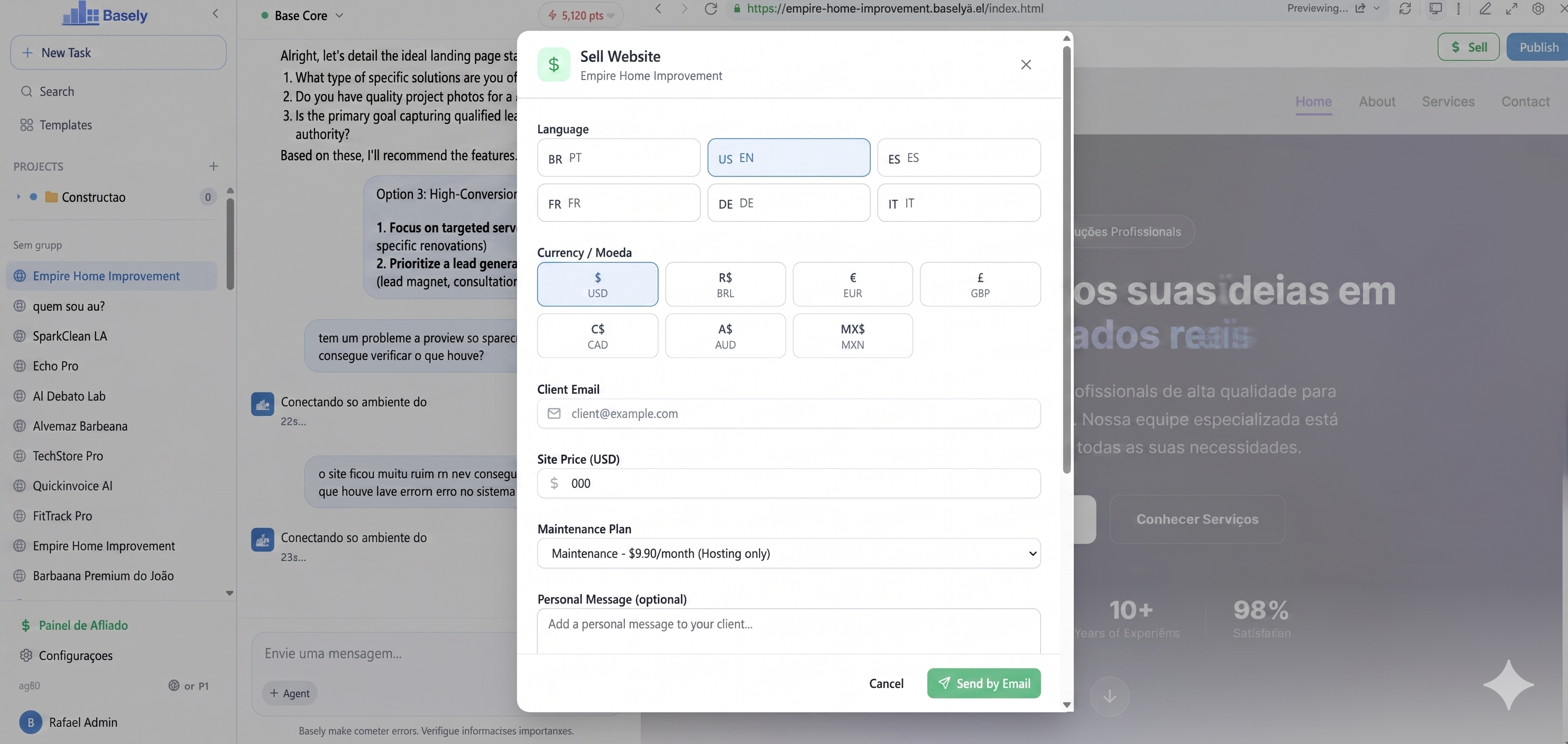 Sale modal — setting price and client plan
